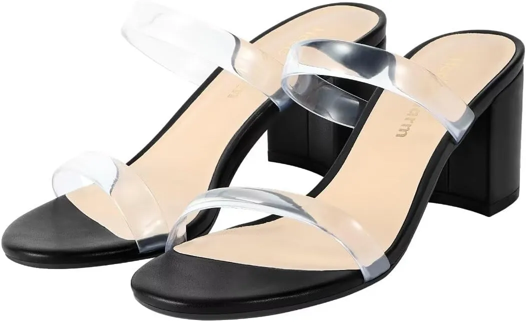 Heels Charm Women's Chunky Block Low Heeled Sandals 2.75 Inches Open Toe Two Strap Slip on Block High Heel Sandal Dress Sandals Daily Work Party Shoes