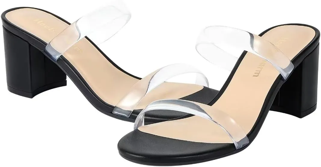 Heels Charm Women's Chunky Block Low Heeled Sandals 2.75 Inches Open Toe Two Strap Slip on Block High Heel Sandal Dress Sandals Daily Work Party Shoes