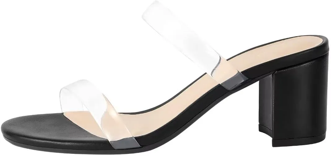 Heels Charm Women's Chunky Block Low Heeled Sandals 2.75 Inches Open Toe Two Strap Slip on Block High Heel Sandal Dress Sandals Daily Work Party Shoes