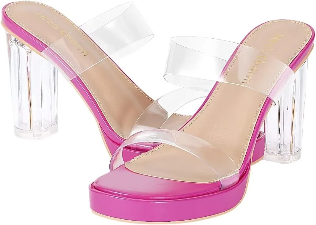 Heels Charm Women's Platform Heels Clear Chunky Block Heeled Sandals Open Toe Two Strap Slip On Block High Heel Sandal Dress Dancing Sandals Daily Work Party Shoes