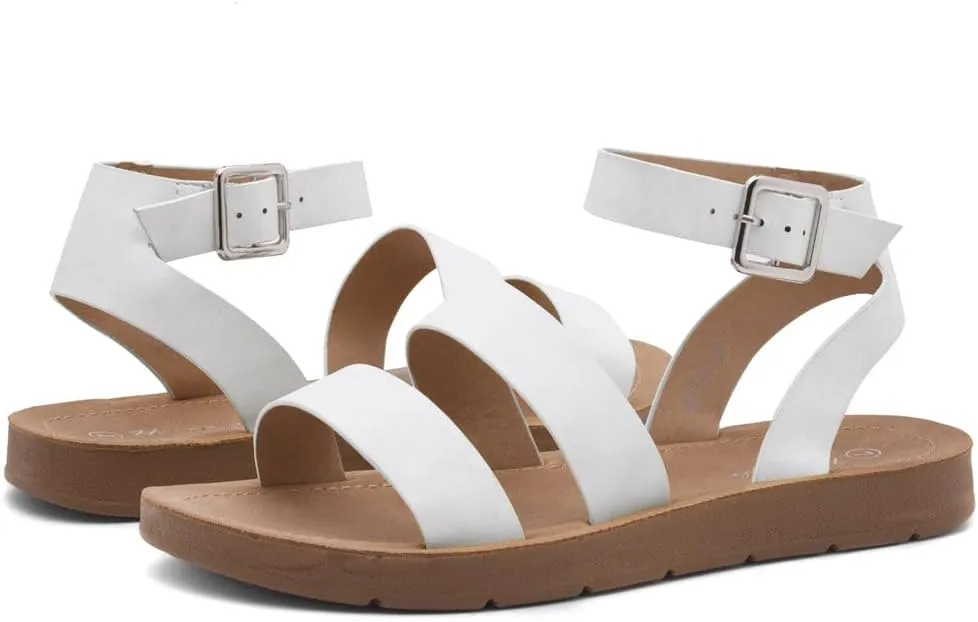 Herstyle Needed Me Women's Flat Sandals, Open Toe Two Bands with Ankle Strap and Buckle, Lightweight Sandals with Cushioned Footbed for Summer Walking and Daily Wear