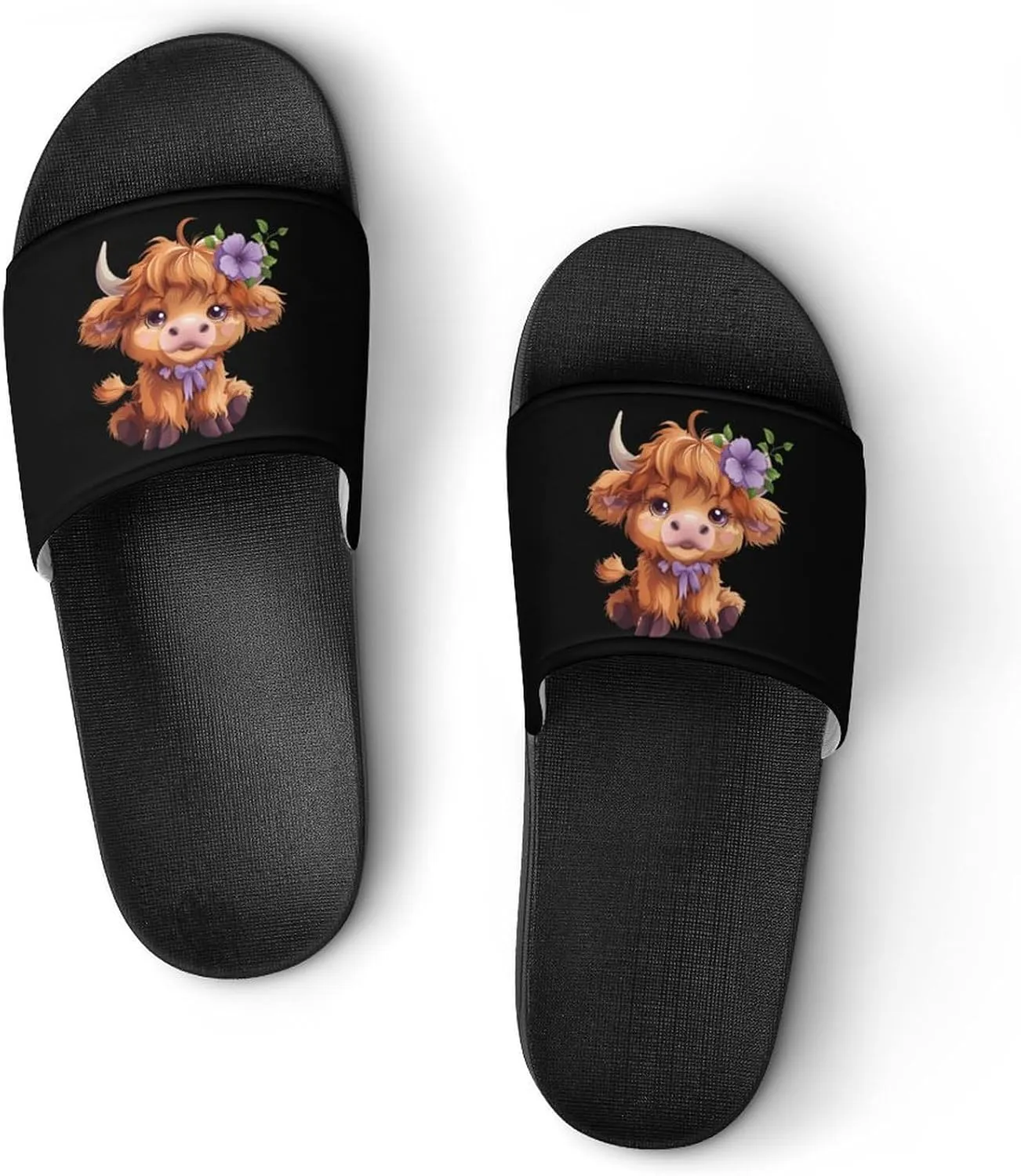 Highland Cow With Purple Flowers Scottish Farm Unisex Shower Shoes House Slippers Non-Slip Indoor Bathroom Shoes for Pool Beach 44 (270mm)