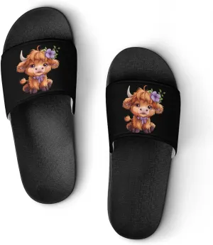 Highland Cow With Purple Flowers Scottish Farm Unisex Shower Shoes House Slippers Non-Slip Indoor Bathroom Shoes for Pool Beach 44 (270mm)