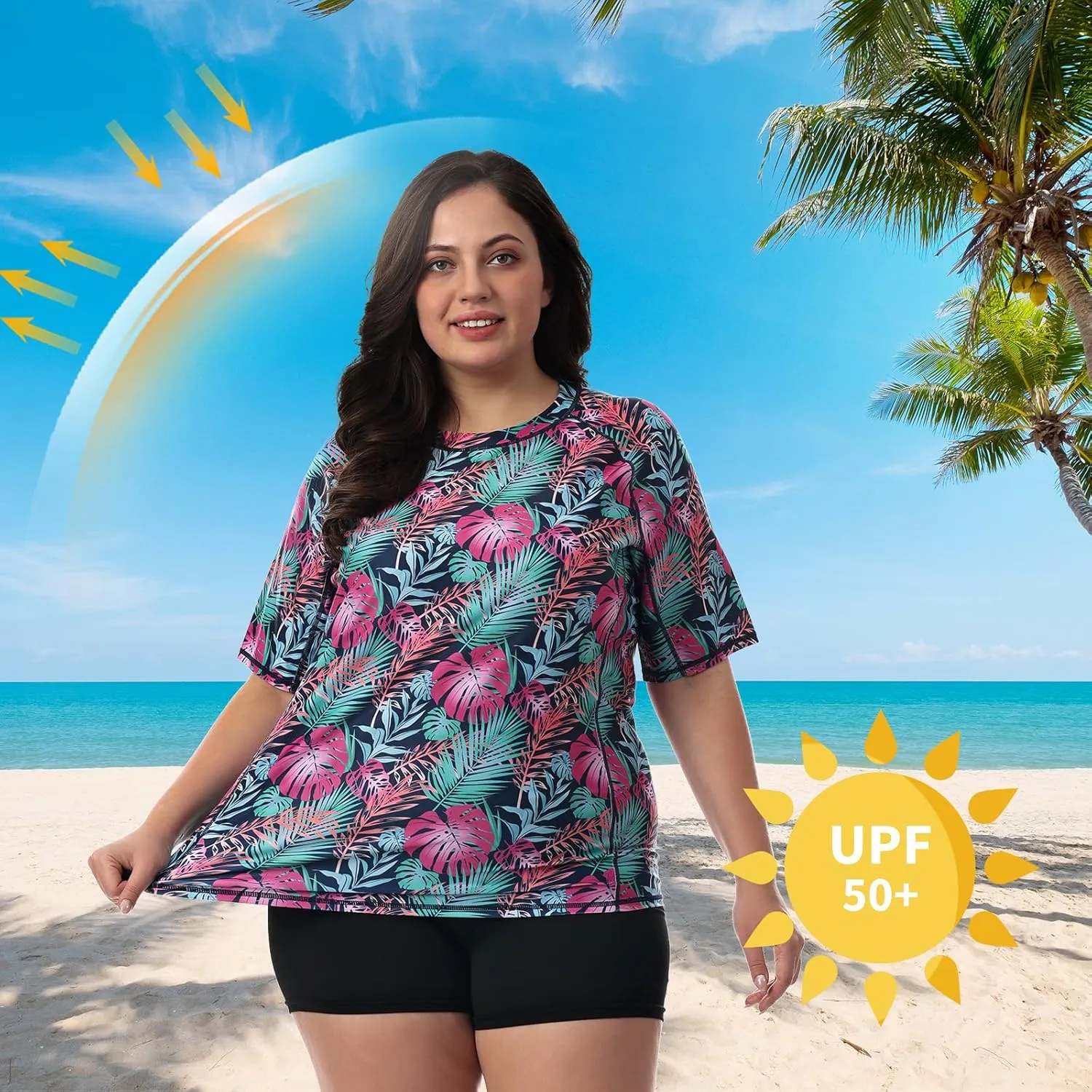 HODOSPORTS Women's Plus Size Rash Guard UPF 50  Swim Shirt Sun Protection Swimsuit Top Short Sleeve 1X-6X