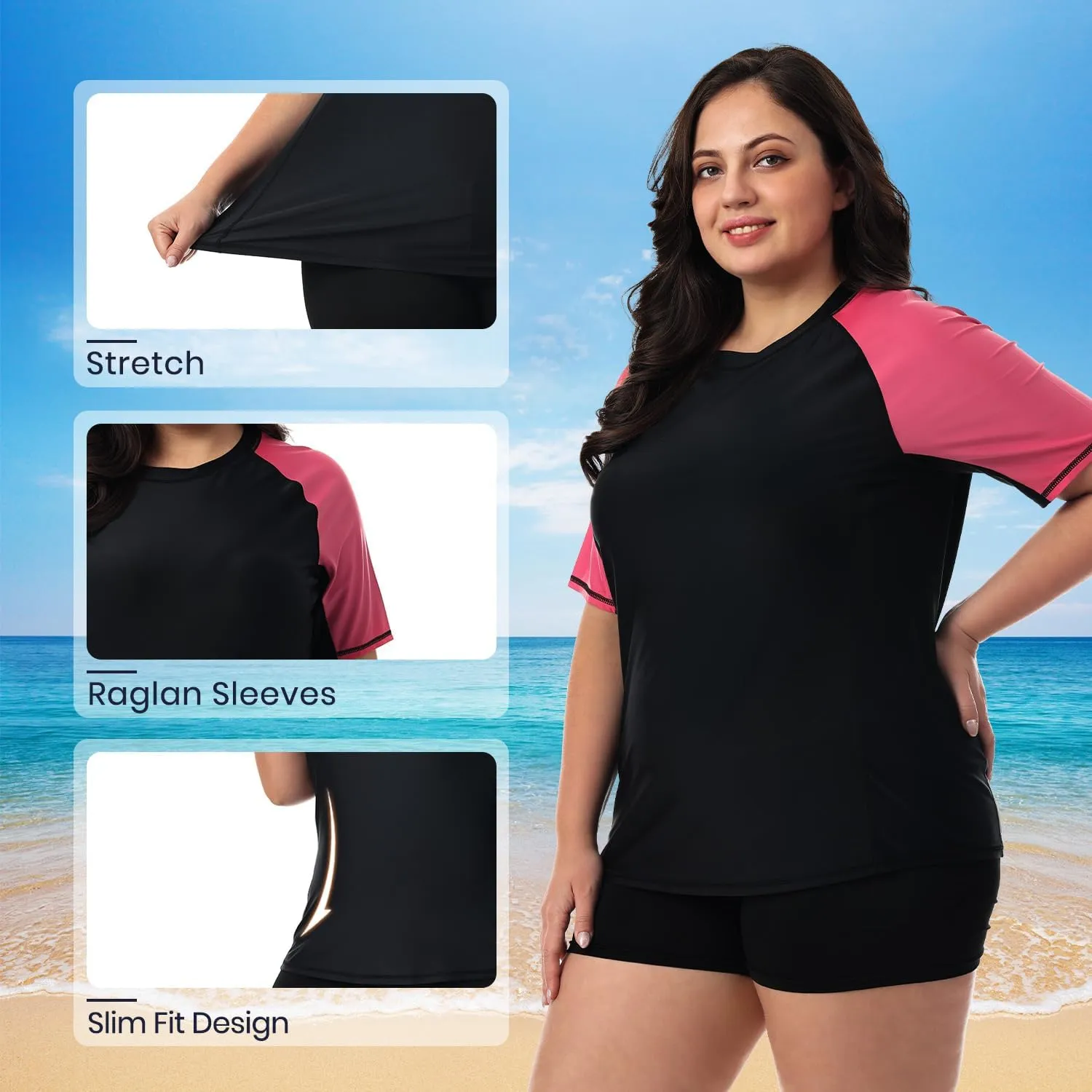 HODOSPORTS Women's Plus Size Rash Guard UPF 50  Swim Shirt Sun Protection Swimsuit Top Short Sleeve 1X-6X