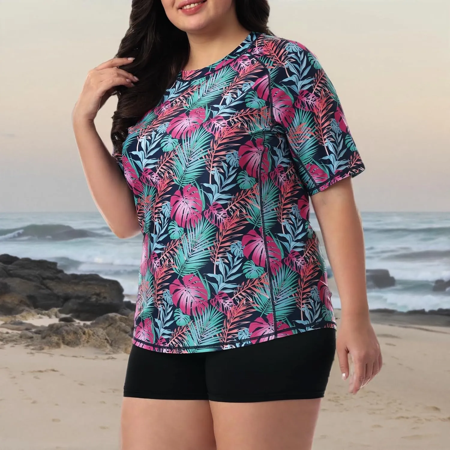 HODOSPORTS Women's Plus Size Rash Guard UPF 50  Swim Shirt Sun Protection Swimsuit Top Short Sleeve 1X-6X