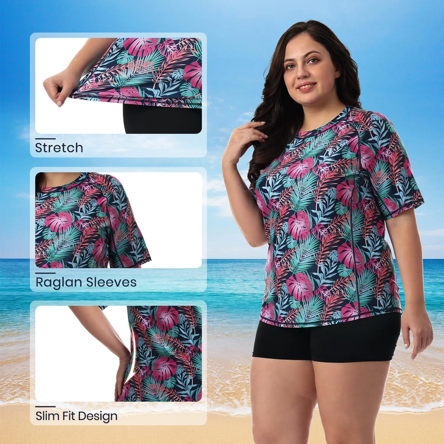 HODOSPORTS Women's Plus Size Rash Guard UPF 50  Swim Shirt Sun Protection Swimsuit Top Short Sleeve 1X-6X