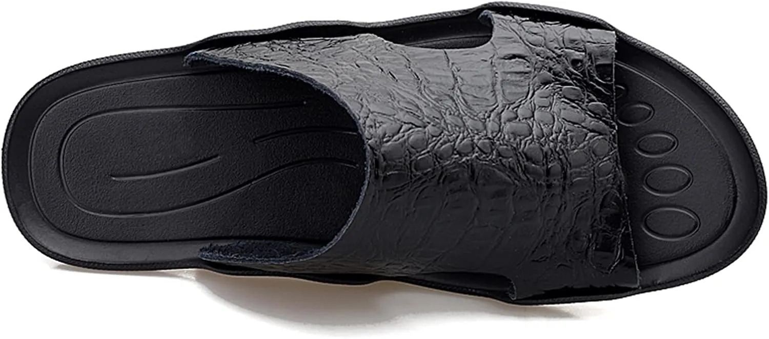 HOOENG Mens Slide Sandals Closed Toe Crocodile Print Pool Slide Slippers Leather Water Resistant Outdoor Slipper Shoes