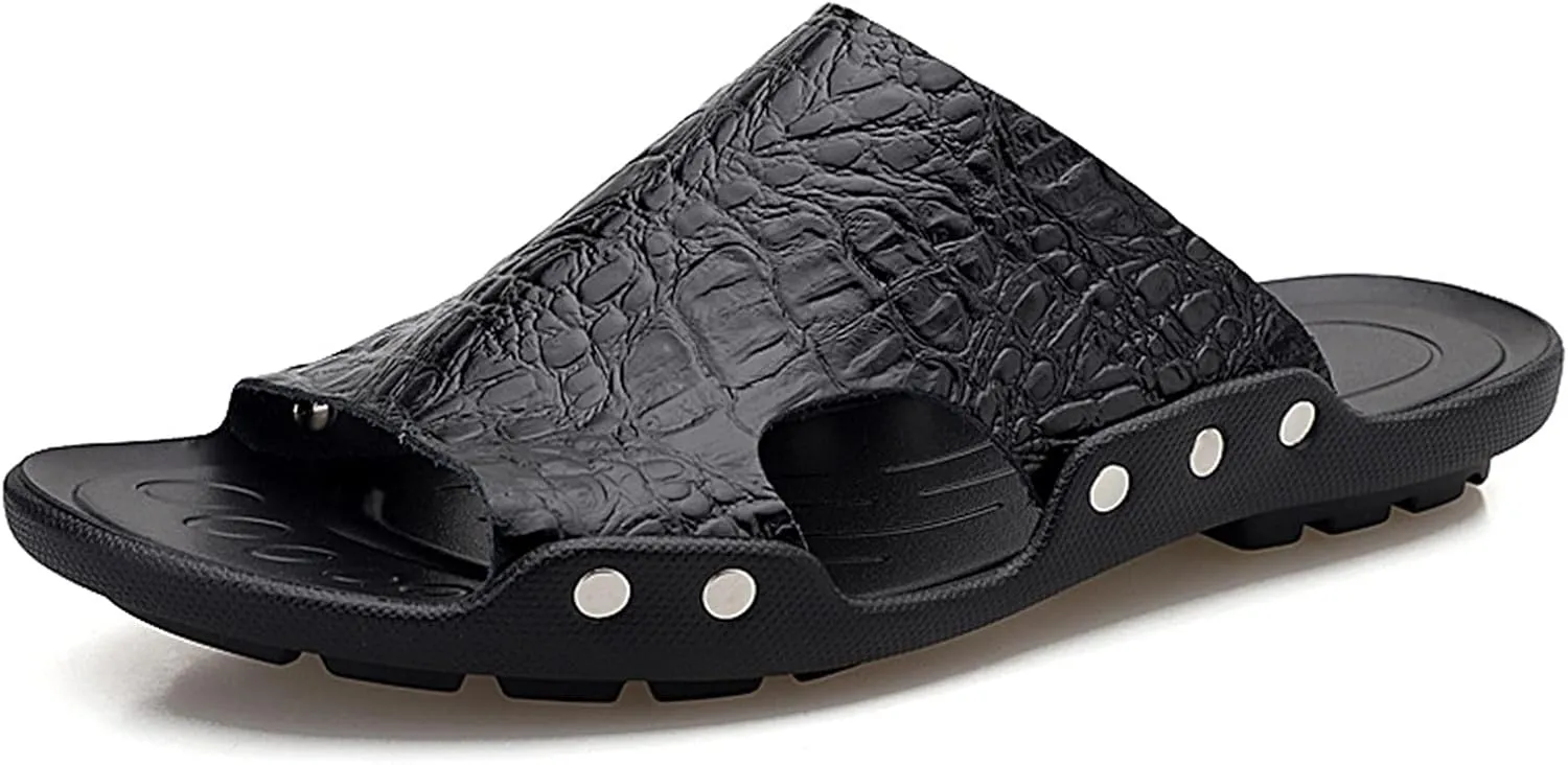HOOENG Mens Slide Sandals Closed Toe Crocodile Print Pool Slide Slippers Leather Water Resistant Outdoor Slipper Shoes