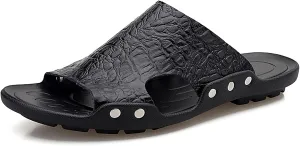 HOOENG Mens Slide Sandals Closed Toe Crocodile Print Pool Slide Slippers Leather Water Resistant Outdoor Slipper Shoes