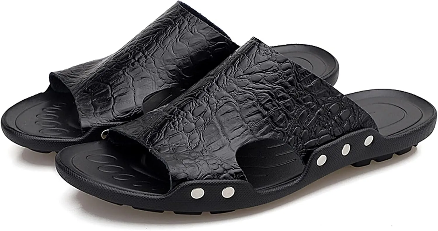 HOOENG Mens Slide Sandals Closed Toe Crocodile Print Pool Slide Slippers Leather Water Resistant Outdoor Slipper Shoes