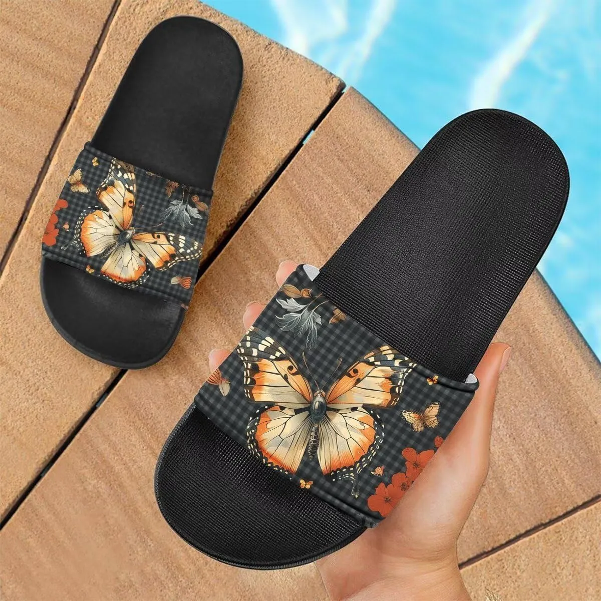 Howilath Cute Animal Women's Classic Open Toe Single Band Slip-On Flat Slide Sandal, Mandala Galaxy Butterflies Colorful Design Women Shower Slippers