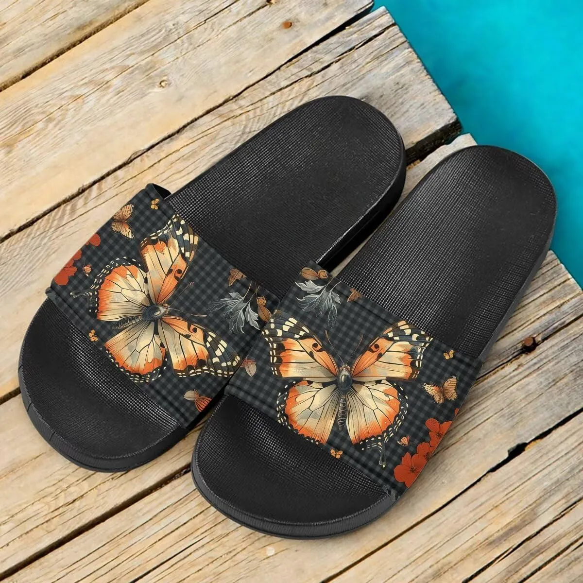 Howilath Cute Animal Women's Classic Open Toe Single Band Slip-On Flat Slide Sandal, Mandala Galaxy Butterflies Colorful Design Women Shower Slippers