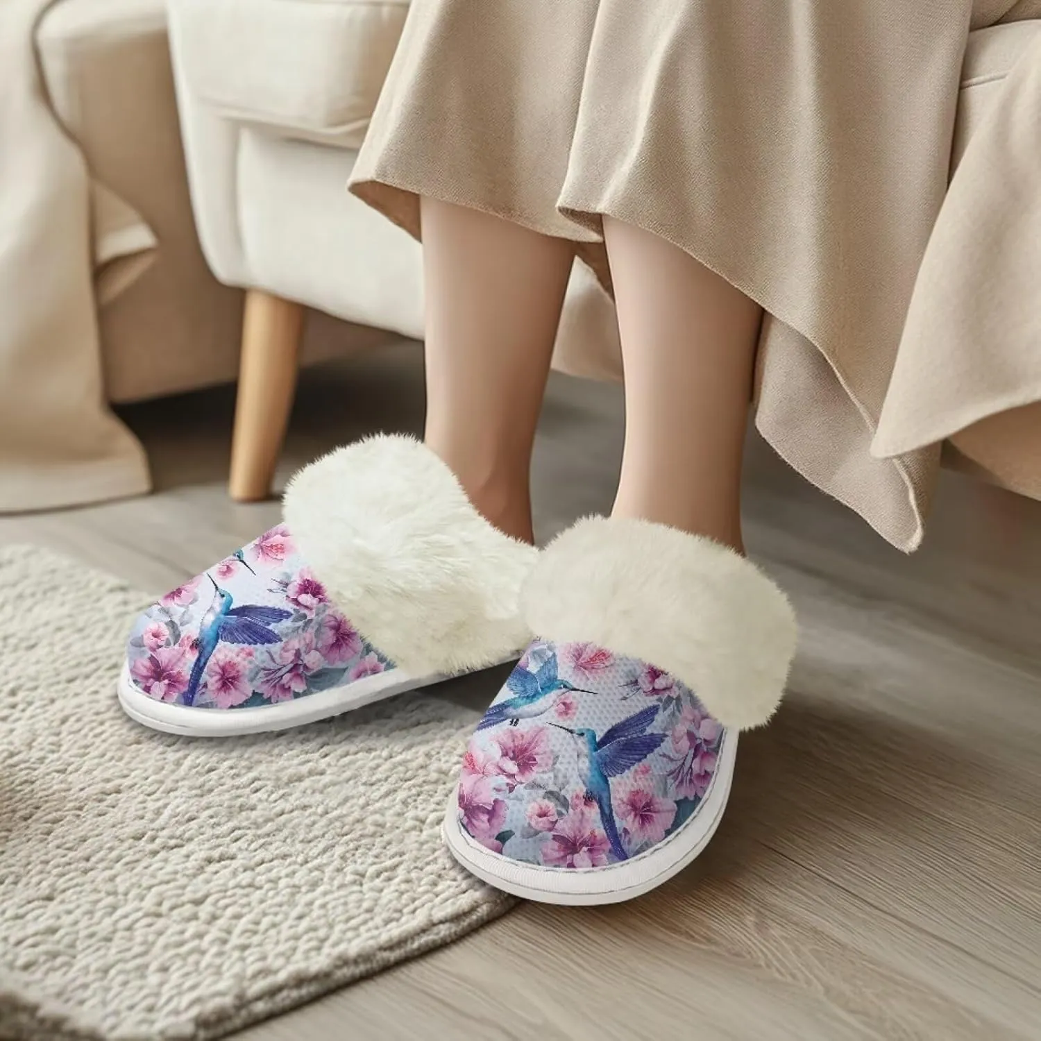 Hummingbird Birds Print Fuzzy Slippers for Women Warm House Home Slippers Slip-On Bedroom Shoes