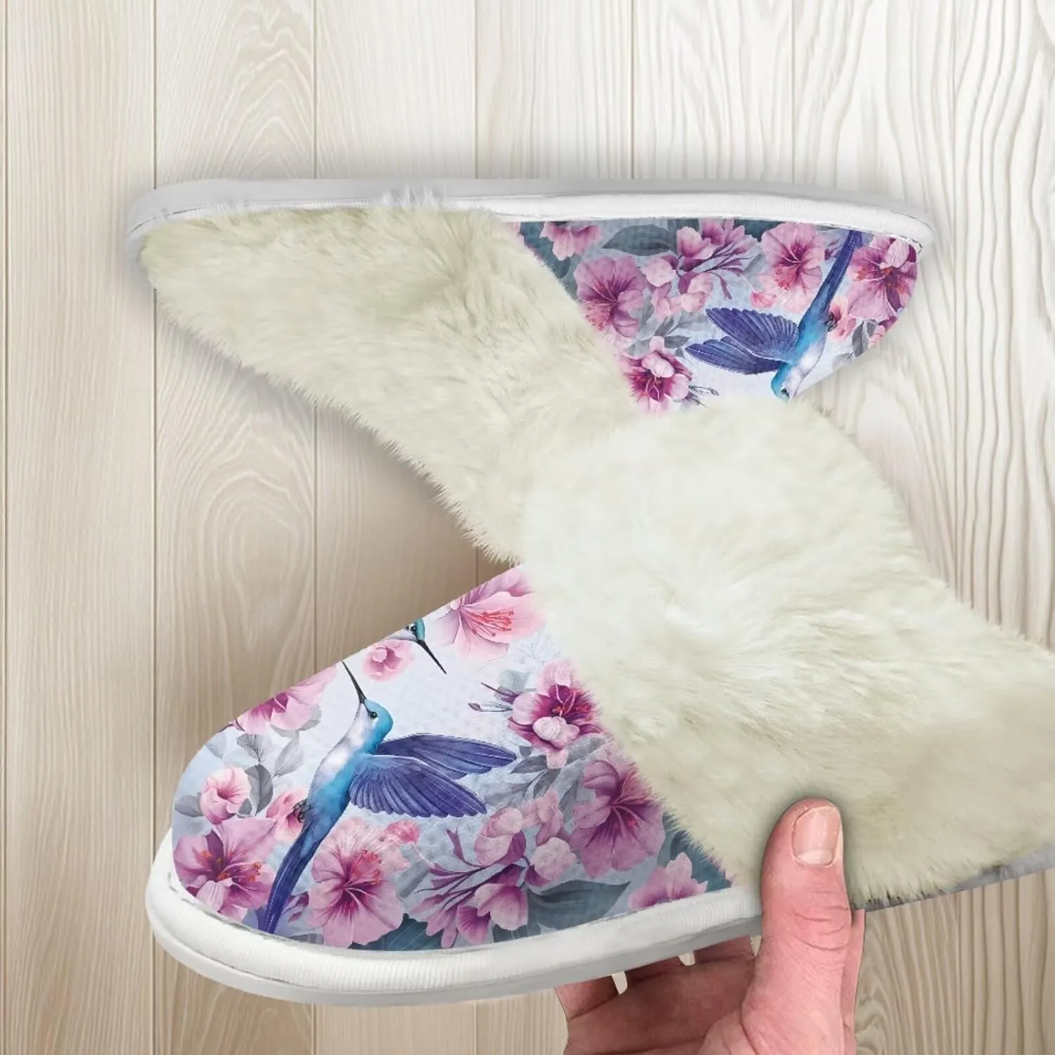 Hummingbird Birds Print Fuzzy Slippers for Women Warm House Home Slippers Slip-On Bedroom Shoes