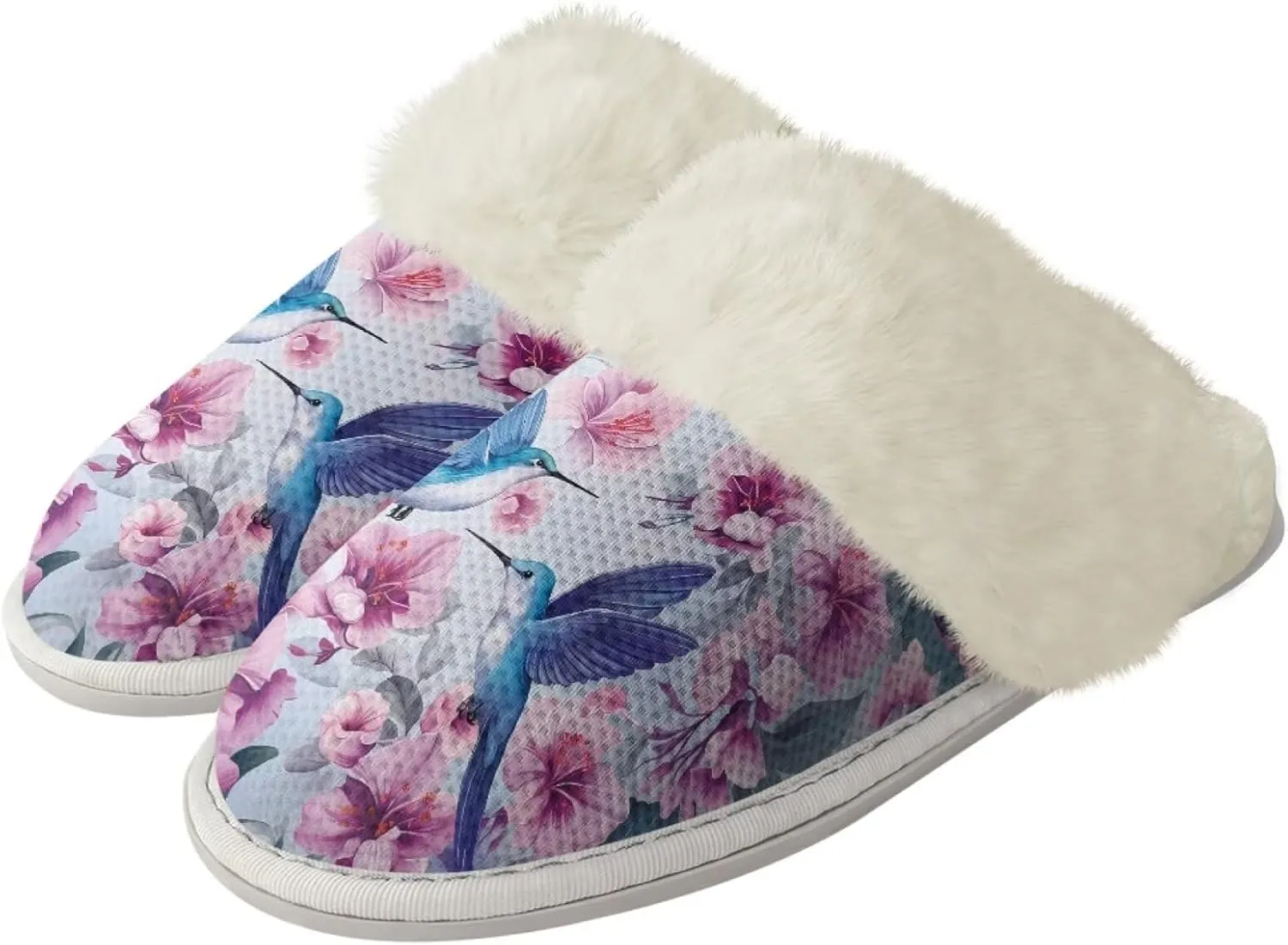 Hummingbird Birds Print Fuzzy Slippers for Women Warm House Home Slippers Slip-On Bedroom Shoes