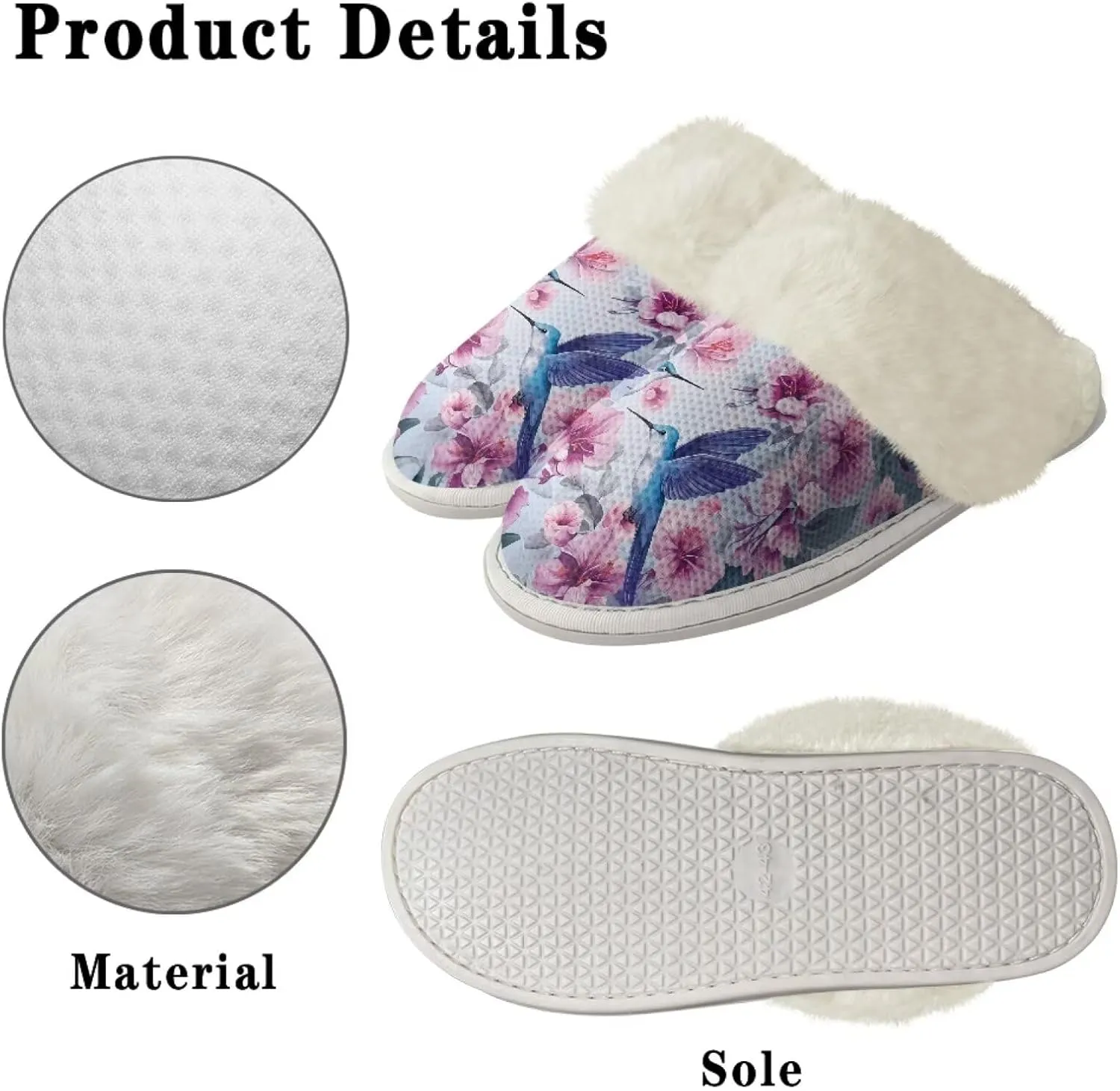 Hummingbird Birds Print Fuzzy Slippers for Women Warm House Home Slippers Slip-On Bedroom Shoes