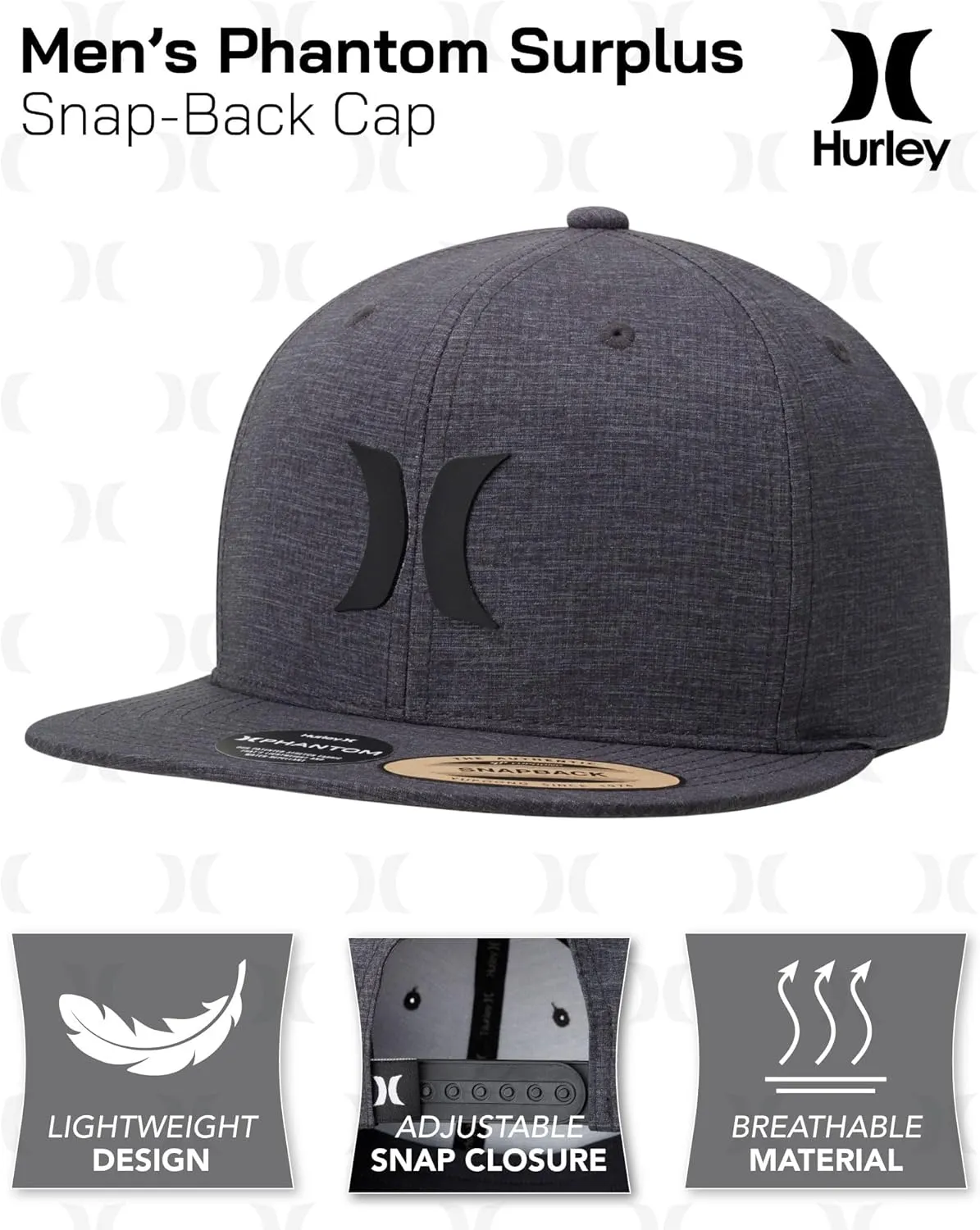 Hurley Men’s Hat – Lightweight Phantom Core Snap-Back Baseball Cap