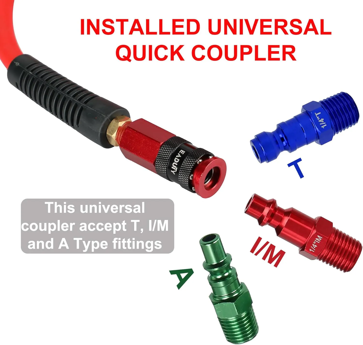 Hybrid Air Hose 1/4 In. x 25 ft, Lightweight, Flexible, Durable Air Compressor Hose with Aluminum Universal Quick Coupler and Industrial Plug, Red