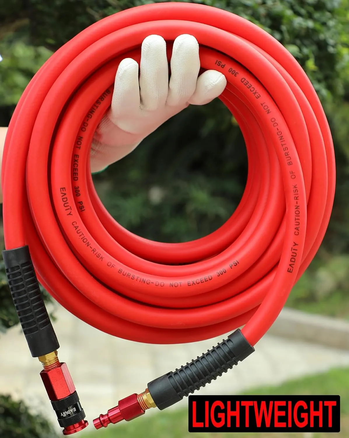 Hybrid Air Hose 1/4 In. x 25 ft, Lightweight, Flexible, Durable Air Compressor Hose with Aluminum Universal Quick Coupler and Industrial Plug, Red