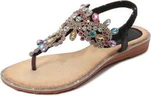 iCKER Women Rhinestone Sandals T-Strap Buckle Bohemian Pearl Crystal Flat Sandals
