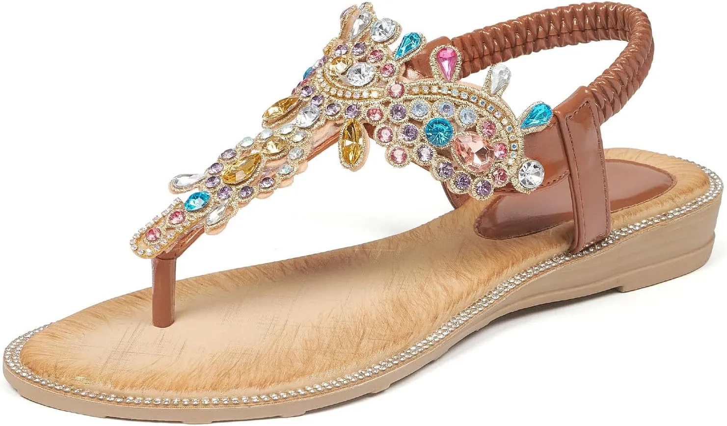iCKER Women Rhinestone Sandals T-Strap Buckle Bohemian Pearl Crystal Flat Sandals
