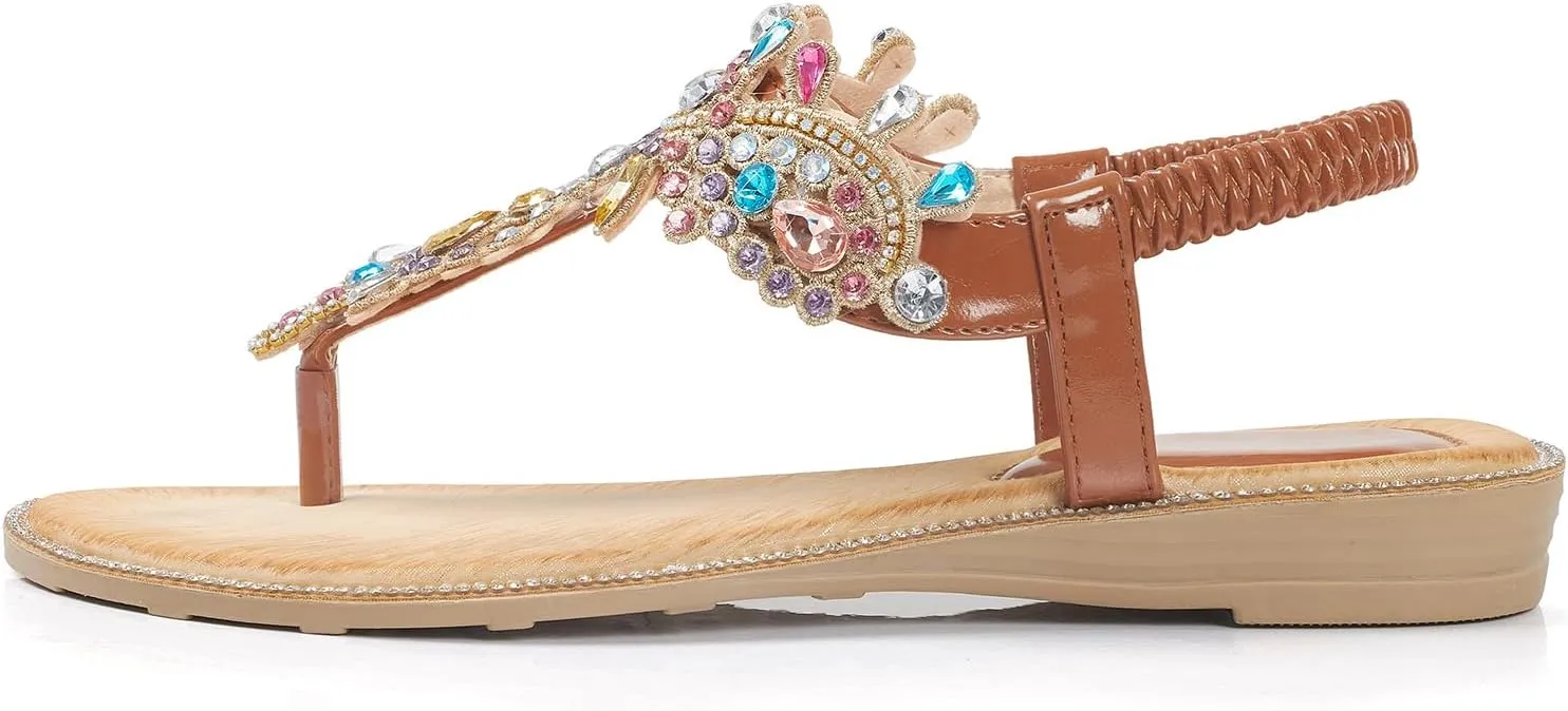 iCKER Women Rhinestone Sandals T-Strap Buckle Bohemian Pearl Crystal Flat Sandals