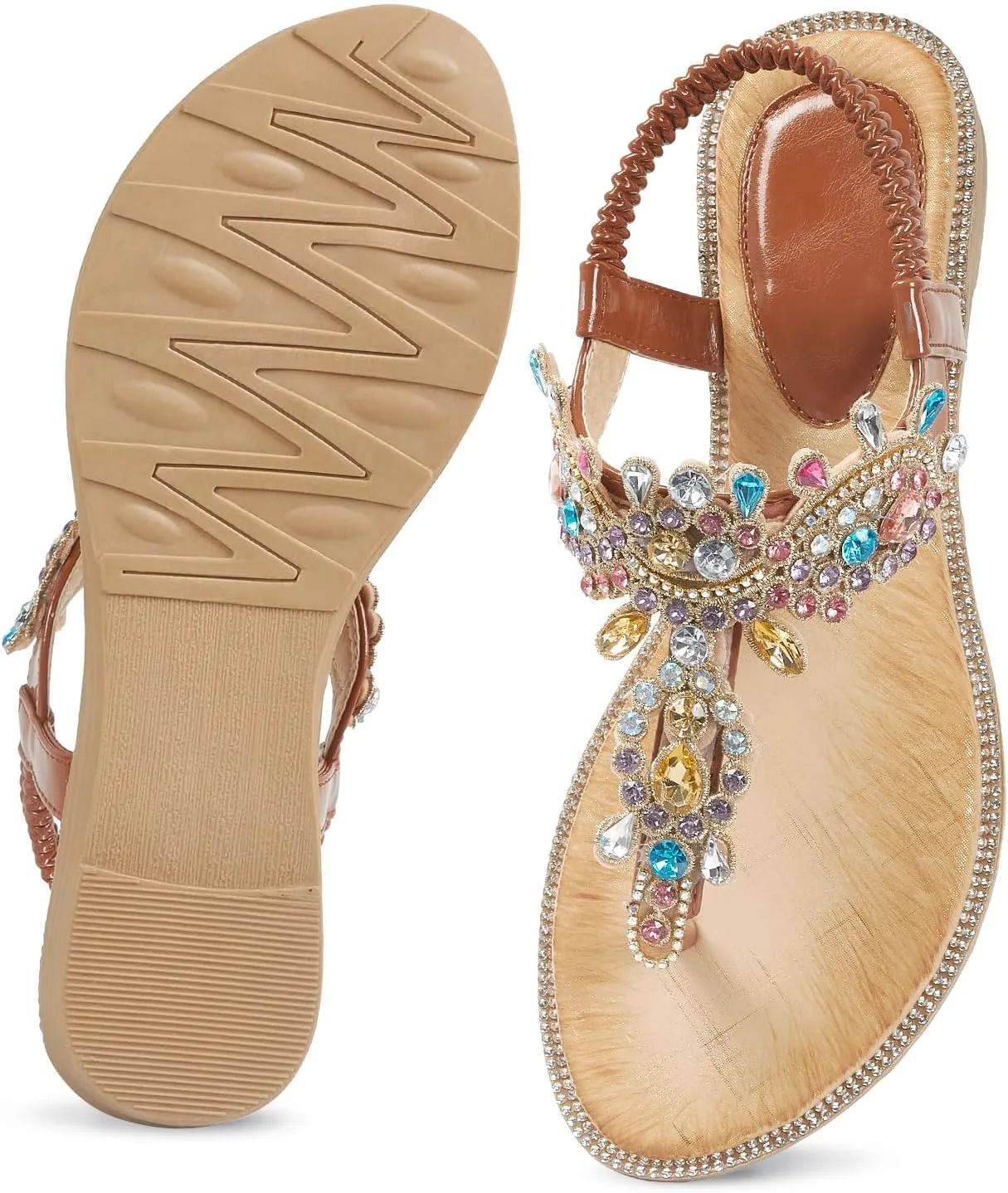 iCKER Women Rhinestone Sandals T-Strap Buckle Bohemian Pearl Crystal Flat Sandals