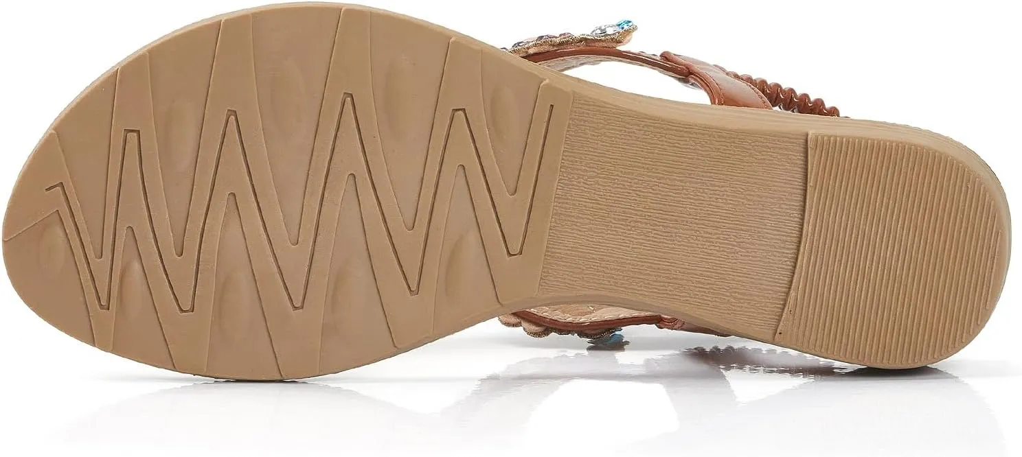 iCKER Women Rhinestone Sandals T-Strap Buckle Bohemian Pearl Crystal Flat Sandals