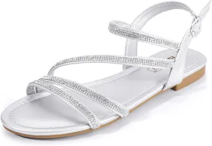 IDIFU Rhinestone Strappy Sandals for Women Dressy Summer Glitter Flat Sandals with Back Strap Open Toe Slingback Ankle Strap Sandals Wedding Bridal Prom Sparkly Bling Comfortable Cute Dress Sandals