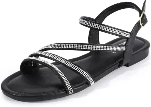 IDIFU Rhinestone Strappy Sandals for Women Dressy Summer Glitter Flat Sandals with Back Strap Open Toe Slingback Ankle Strap Sandals Wedding Bridal Prom Sparkly Bling Comfortable Cute Dress Sandals
