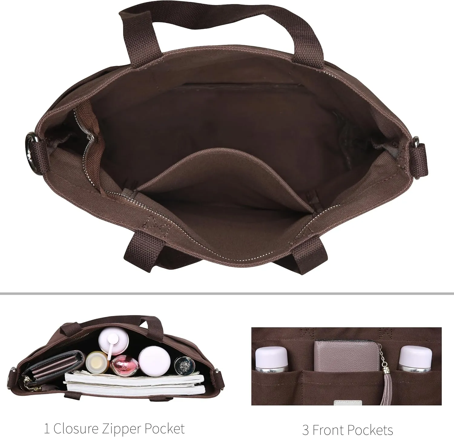 Iswee Canvas Tote Bag with Zipper Multi Pockets Tote Purse for Women Fashion Crossbody Tote Shoulder Bag Handbag Everyday Bag