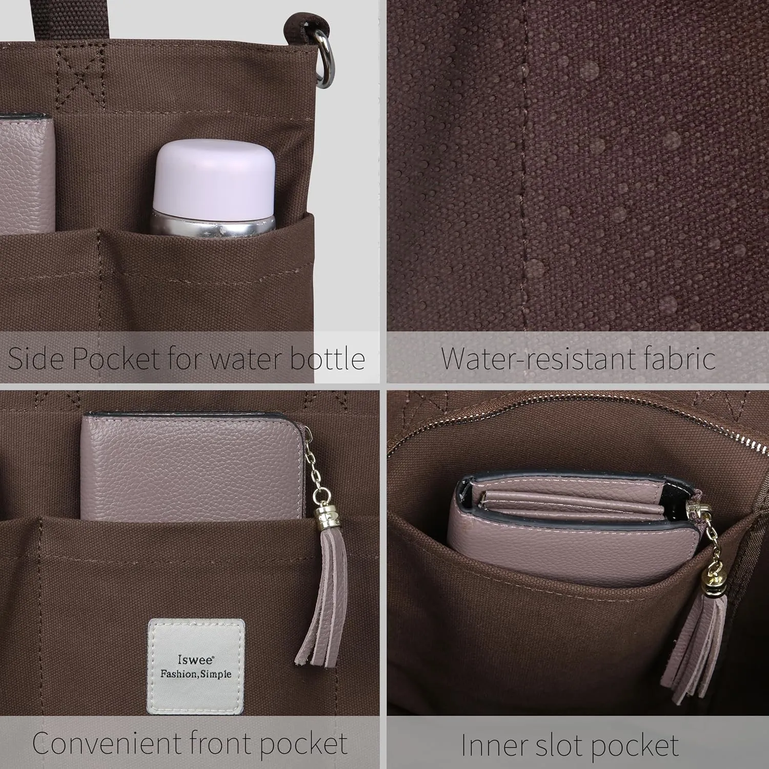Iswee Canvas Tote Bag with Zipper Multi Pockets Tote Purse for Women Fashion Crossbody Tote Shoulder Bag Handbag Everyday Bag