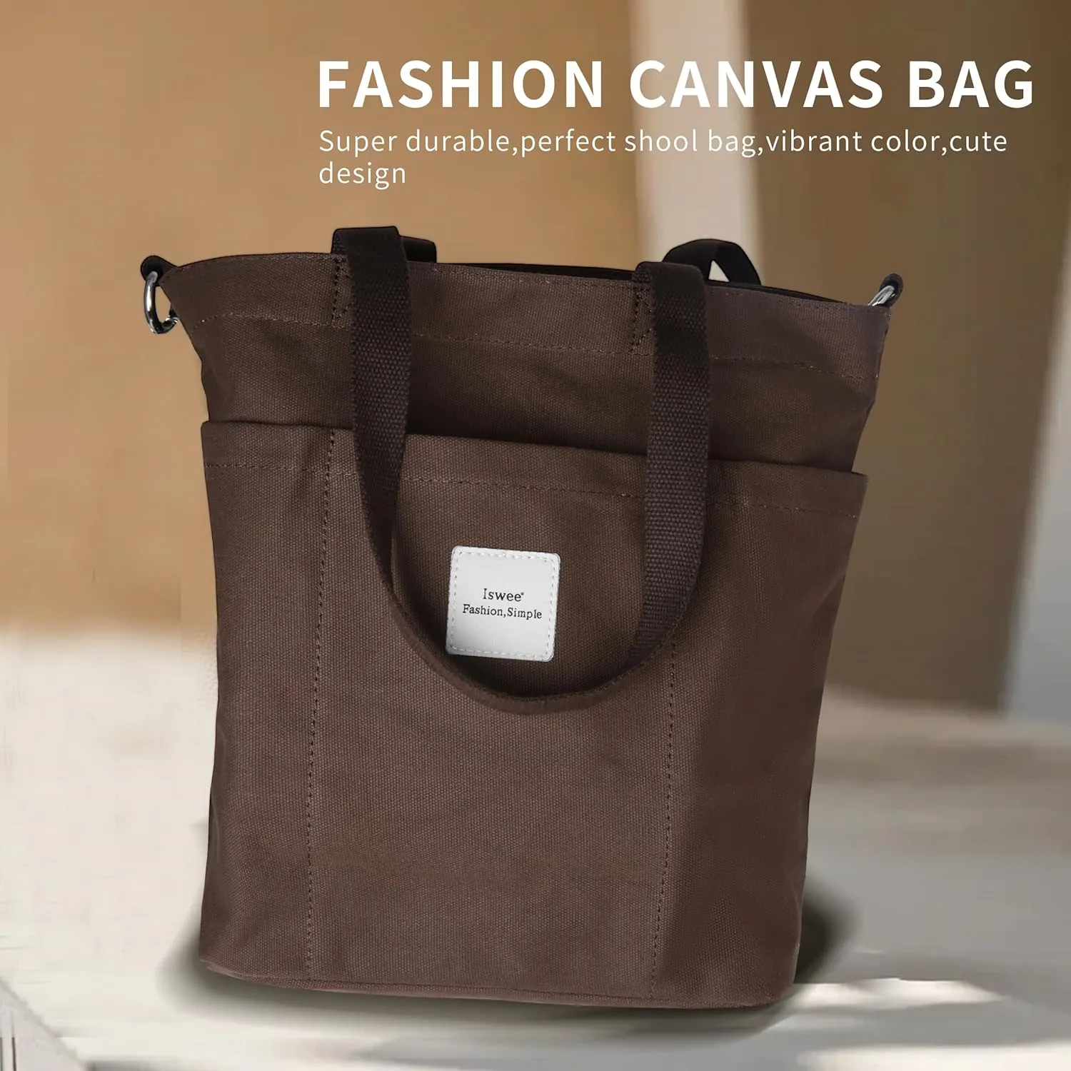 Iswee Canvas Tote Bag with Zipper Multi Pockets Tote Purse for Women Fashion Crossbody Tote Shoulder Bag Handbag Everyday Bag