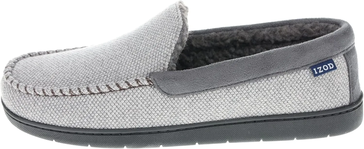 IZOD Mens Slipper, Knit Venetian Moccasin with Sherpa Fleece Lining, Grey/Black, Size 8 to 14