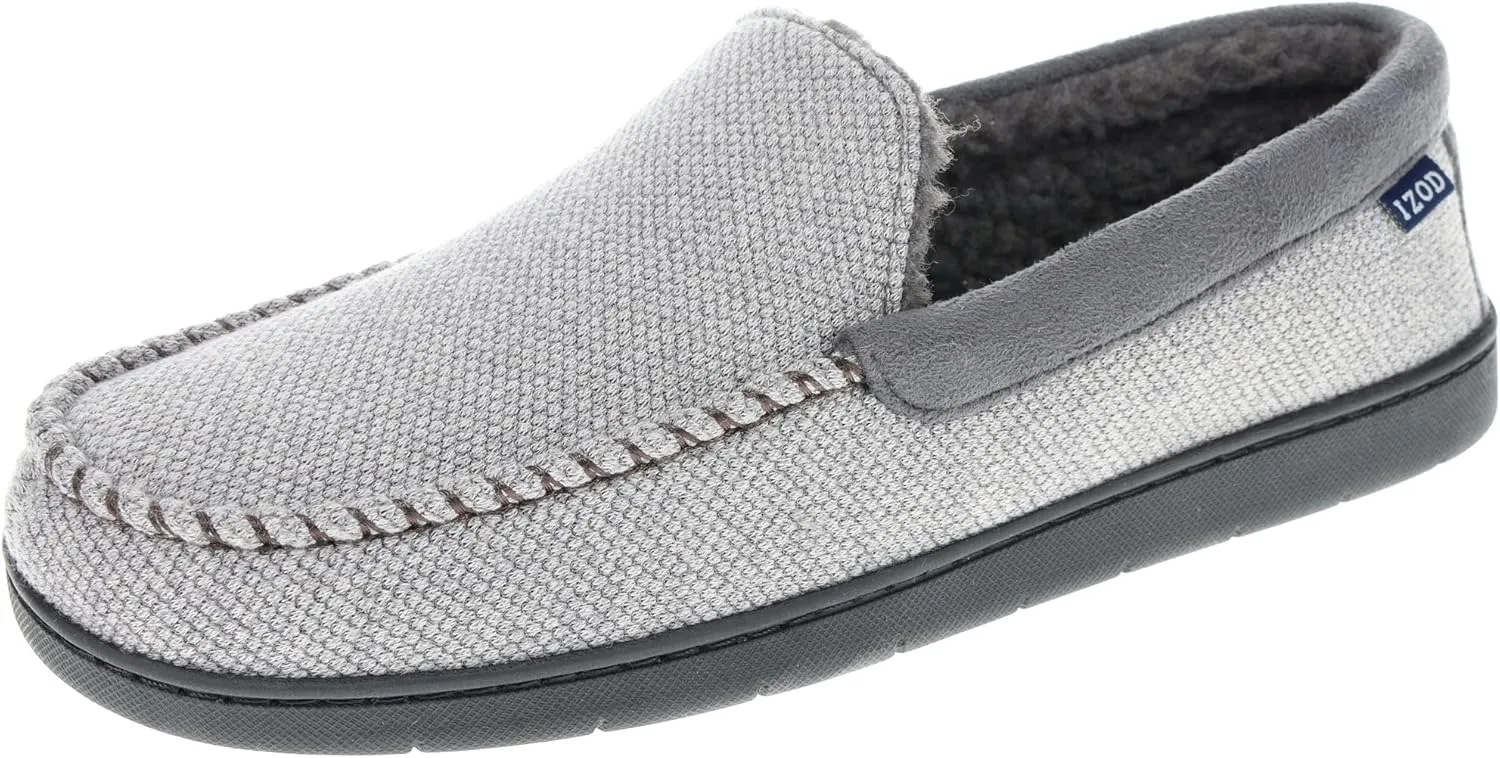 IZOD Mens Slipper, Knit Venetian Moccasin with Sherpa Fleece Lining, Grey/Black, Size 8 to 14