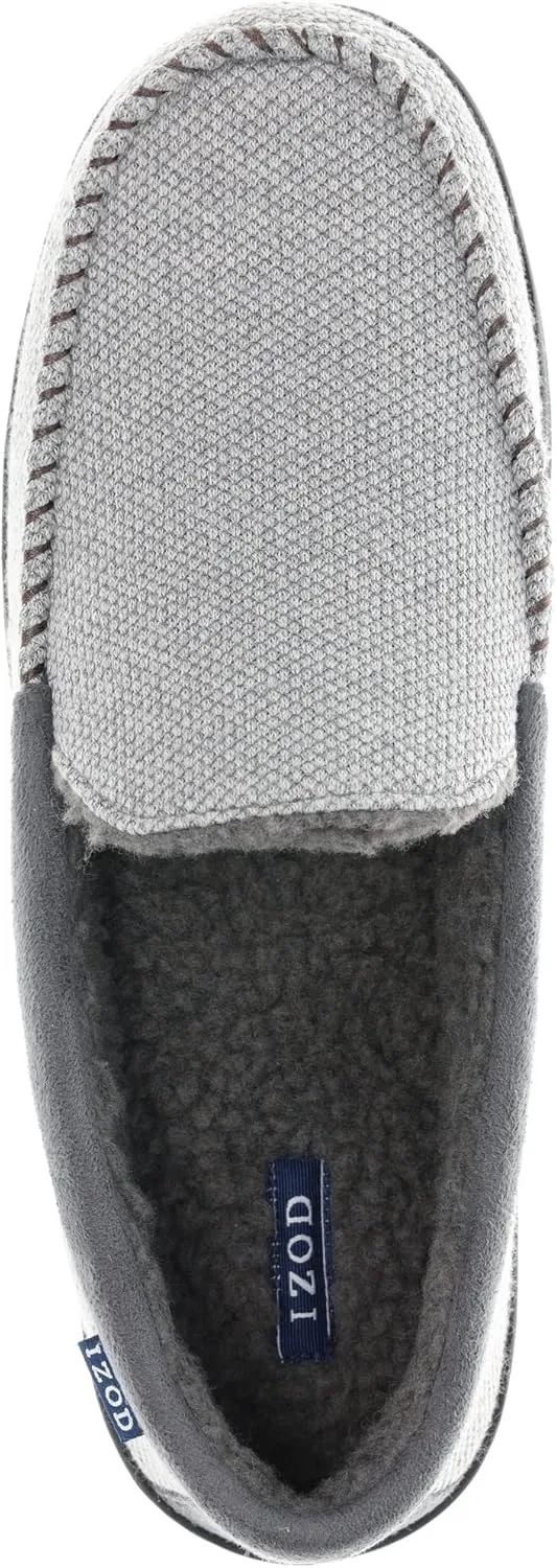 IZOD Mens Slipper, Knit Venetian Moccasin with Sherpa Fleece Lining, Grey/Black, Size 8 to 14
