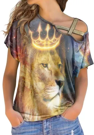 Japan Tattoo Style Courage Criss-Cross One Shoulder Tops Sexy Cold Shoulder Shirts Short Sleeve T-Shirts Loose Casual Tees
