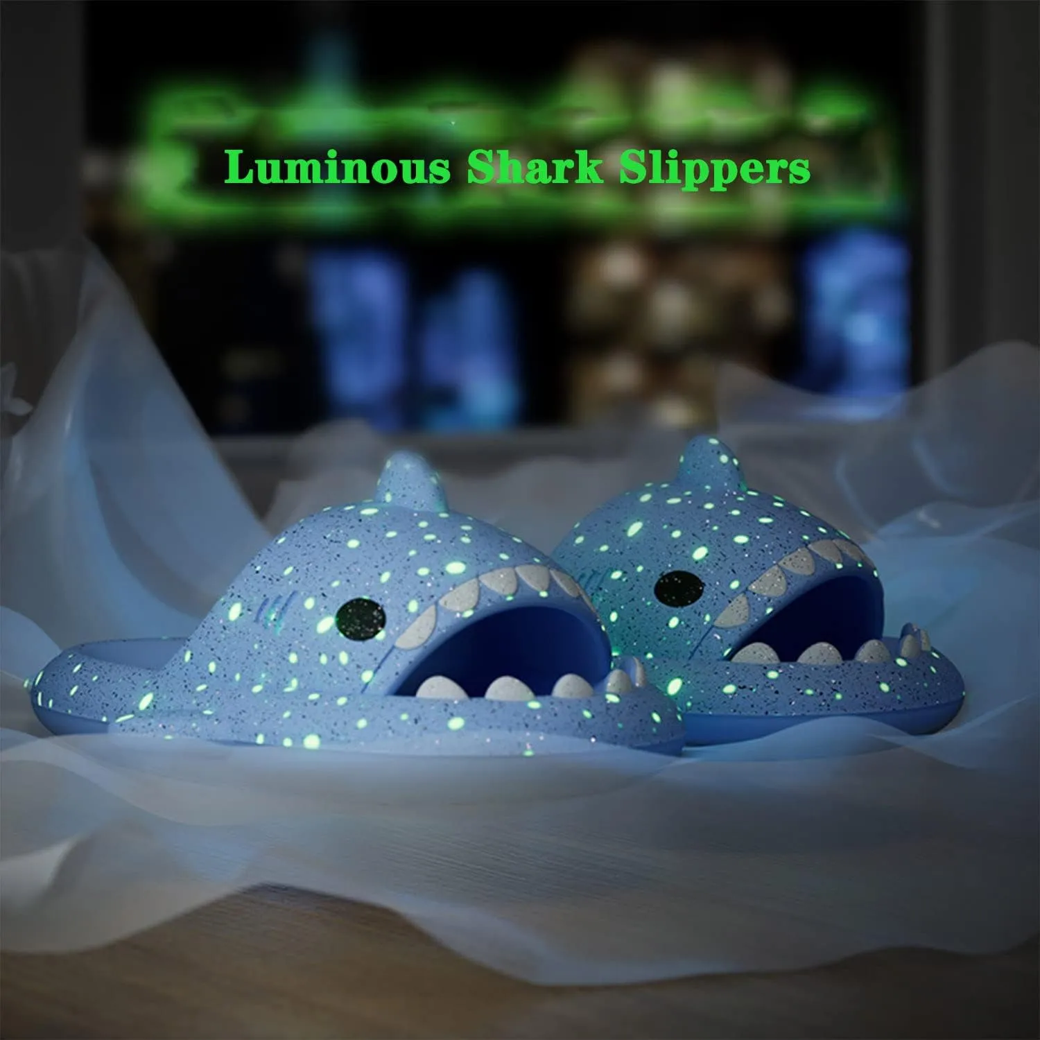 Jfxgjuv Luminous Shark Slippers, Spooky Shark Slides, Angler Fish Slides Glow in The Dark Halloween Christmas Shark Slides Soft Non-Slip Beach Pool Shower Shoes
