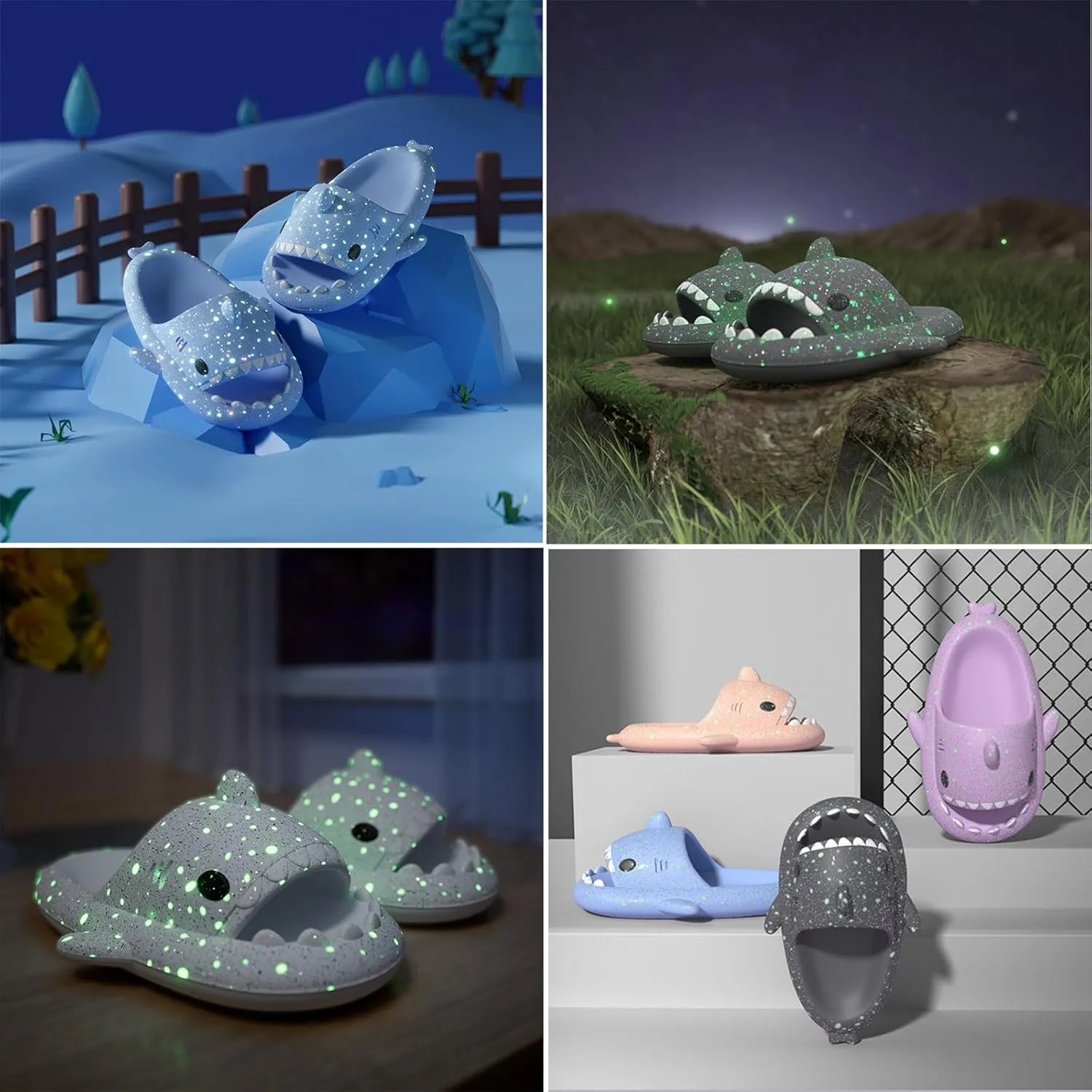 Jfxgjuv Luminous Shark Slippers, Spooky Shark Slides, Angler Fish Slides Glow in The Dark Halloween Christmas Shark Slides Soft Non-Slip Beach Pool Shower Shoes