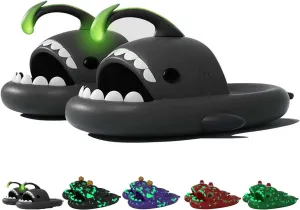 Jfxgjuv Luminous Shark Slippers, Spooky Shark Slides, Angler Fish Slides Glow in The Dark Halloween Christmas Shark Slides Soft Non-Slip Beach Pool Shower Shoes