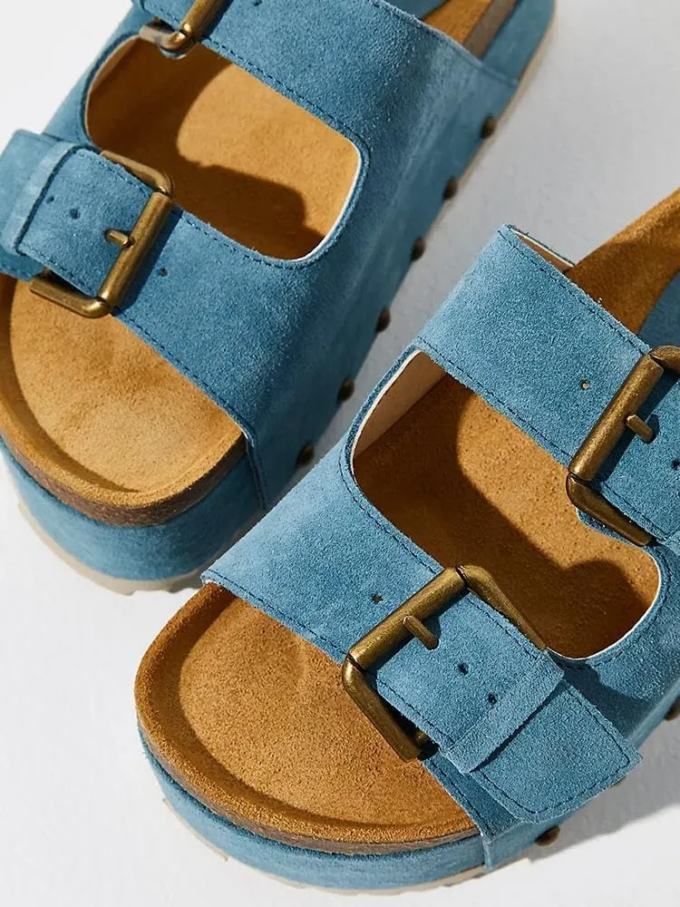 JORISTIMO Women's Cork Flatform Sandals Dual Buckled Band Suede Clogs Slip On Platform Sandals Slides Shoes Slipper Winter