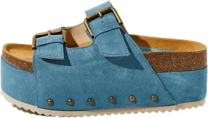 JORISTIMO Women's Cork Flatform Sandals Dual Buckled Band Suede Clogs Slip On Platform Sandals Slides Shoes Slipper Winter