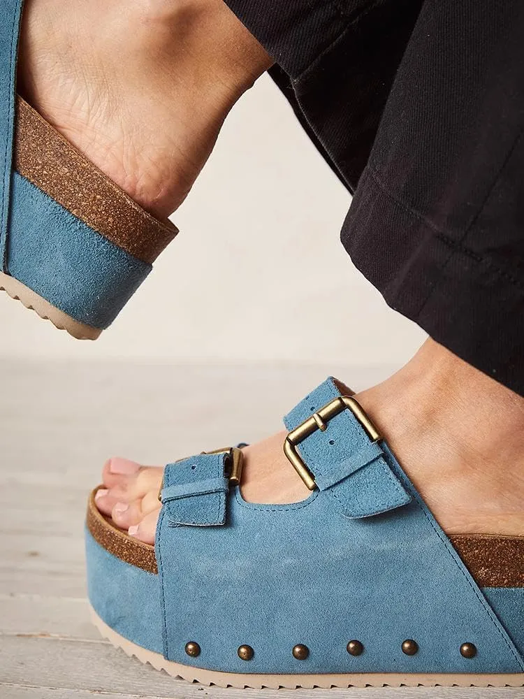 JORISTIMO Women's Cork Flatform Sandals Dual Buckled Band Suede Clogs Slip On Platform Sandals Slides Shoes Slipper Winter