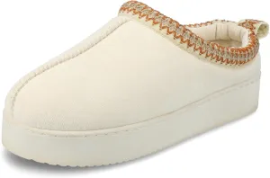 Journee Collection Womens Connway Center Seam Fur Lined Embroidered Slipper Slip On Cushioned Clog with Durable Platform Sole Cream M(7-8) Medium WOMENS US