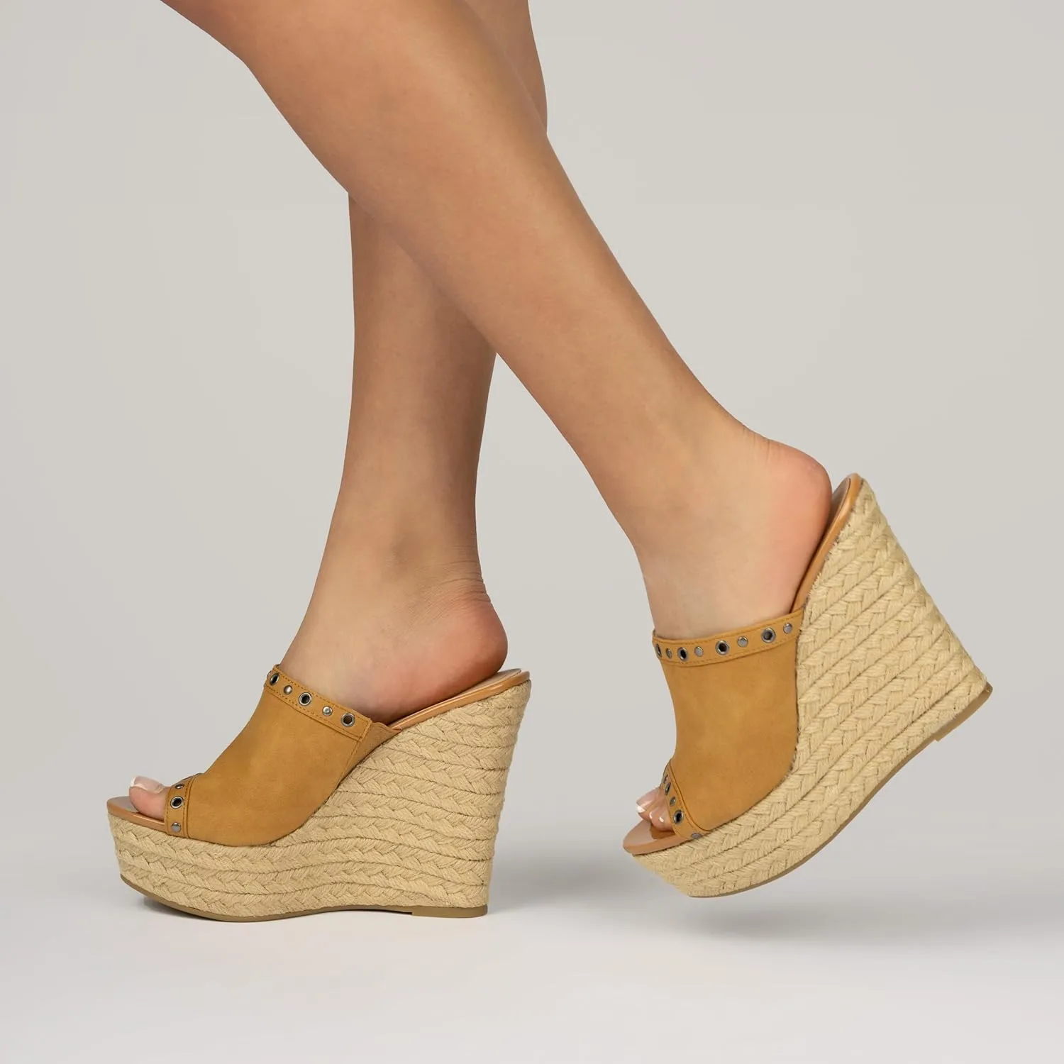 Journee Collection Womens Yari Espadrille Wedge Platform Sandals Slip On Open Round Toe Grommet Detail Summer Shoes