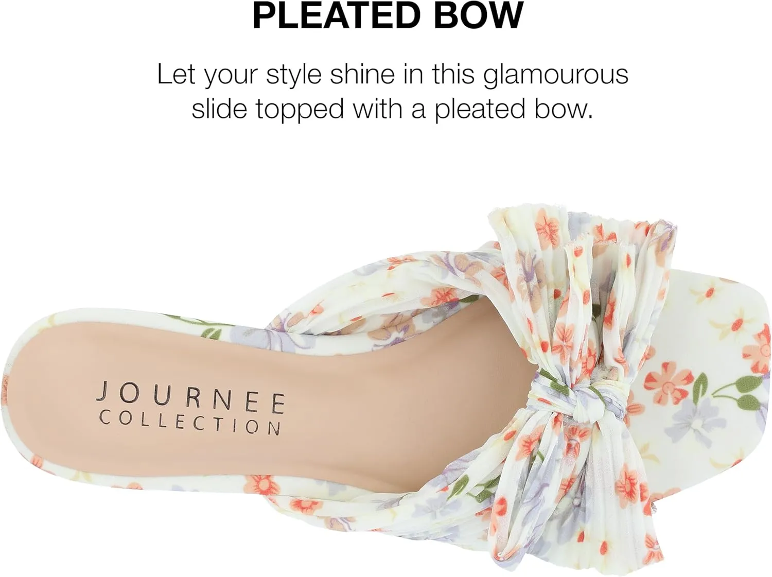 Journee Womens Pleated Metallic Bow Knot Low Block Heel Padded Open Square Toe Serlina Slide Sandal