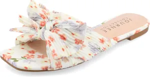 Journee Womens Pleated Metallic Bow Knot Low Block Heel Padded Open Square Toe Serlina Slide Sandal