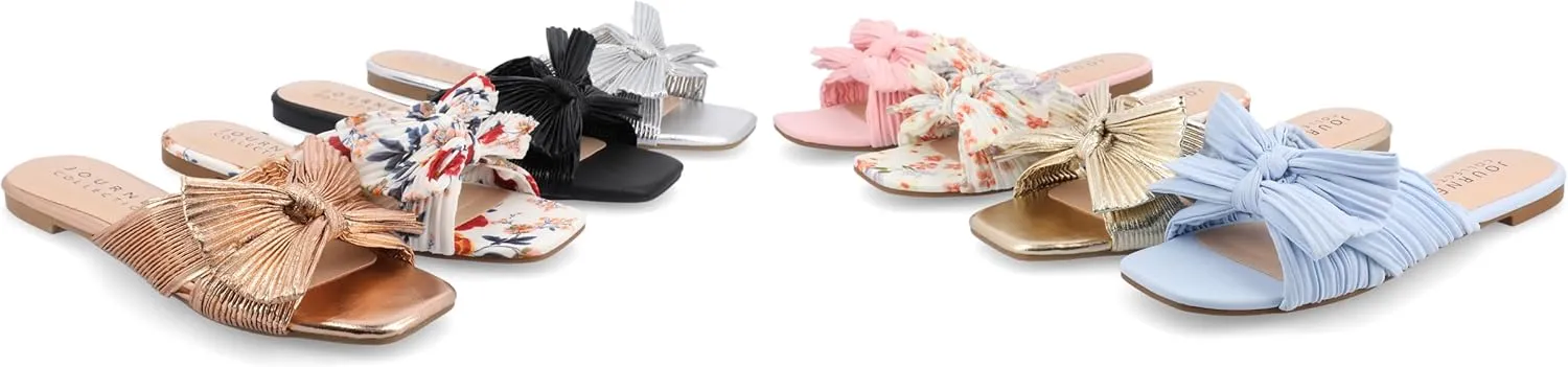 Journee Womens Pleated Metallic Bow Knot Low Block Heel Padded Open Square Toe Serlina Slide Sandal
