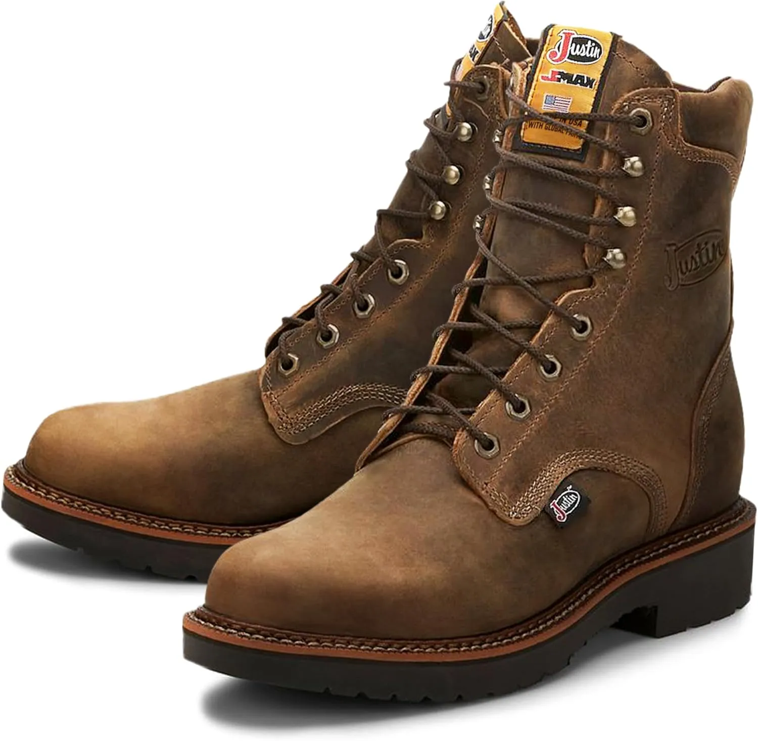 Justin Blueprint 8" Work Boots for Men - Round Toe Full-Grain Leather Lace-Up Upper with Oil- and Slip-Resistant Rubber Outsole